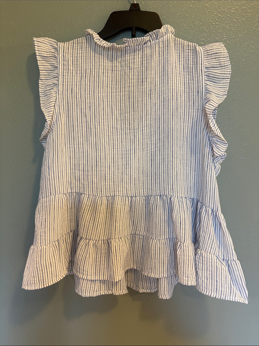 Blue Stripe Ruffle Sleeveless Button-Front Flowy Top - Picture 10 of 11